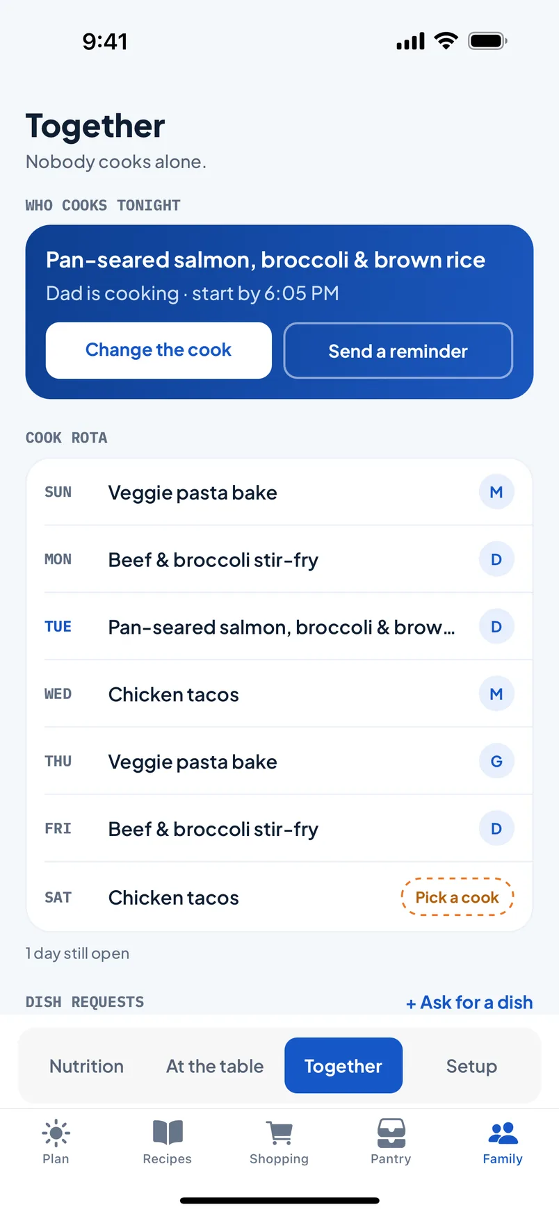AFFO Together screen: who cooks each night